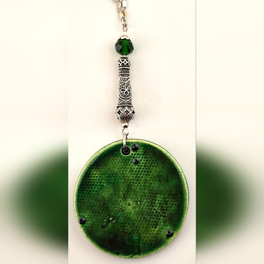 Handmade Kiln Fired Green Ceramic Beaded Christmas Ornament with Silver Chain - Picture 5 of 5